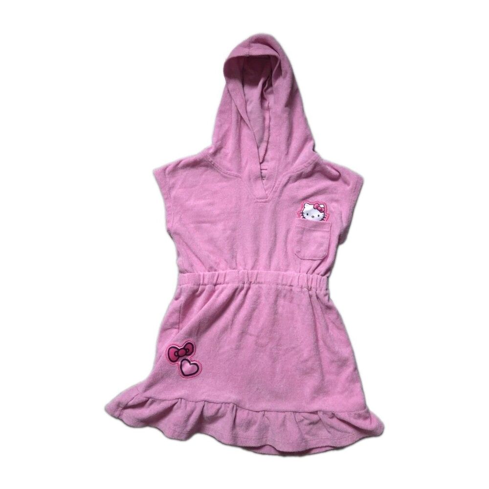 Hello Kitty Sanrio Pink Hooded Terry Cover Up Dress Ruffle Girls Size 5T EUC